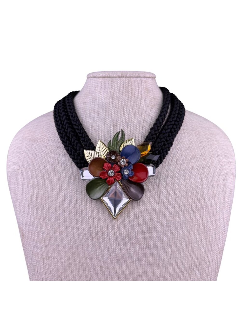 Vintage Womens Black Cord Necklace With 3D Multicolor Floral Pendant Crystals